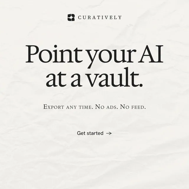 Instagram post for Curatively: "Point your AI at a vault." Swiss style, smallcaps layout, light palette in white, grey.