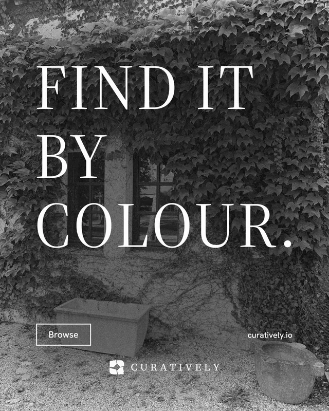 Instagram portrait post for Curatively: "Find it by colour." Editorial style, poster layout, dark palette in grey, black.