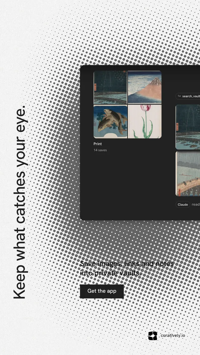 Instagram story for Curatively: "Keep what catches your eye." Swiss style, vertical layout, light palette in grey, black, white.