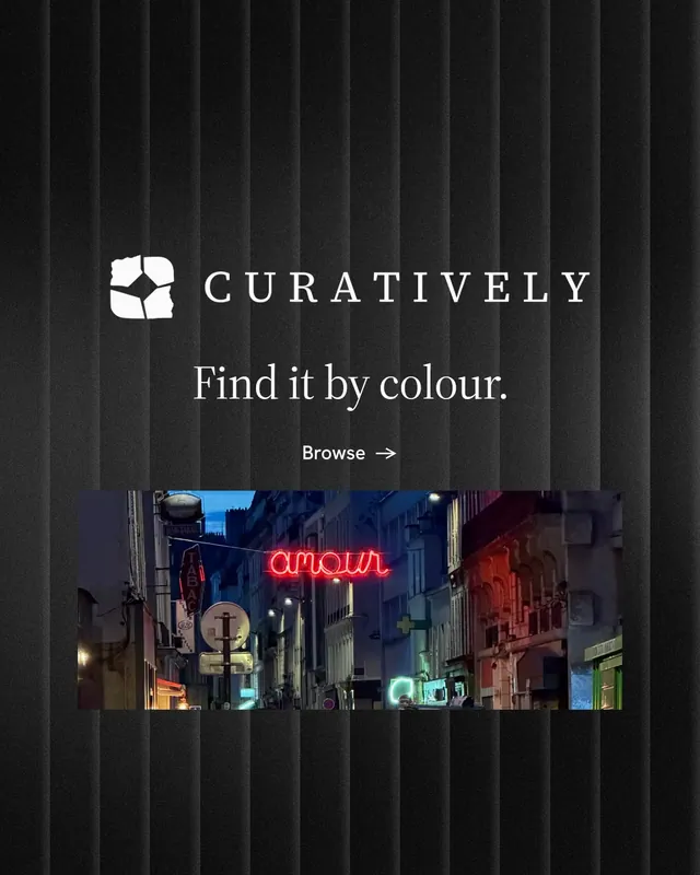 Instagram portrait post for Curatively: "Find it by colour." Minimal luxury style, logo hero layout, dark palette in black, grey.