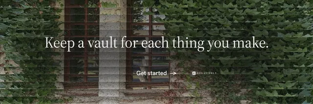 X header for Curatively: "Keep a vault for each thing you make." Minimal luxury style, centred layout, dark palette in black, grey.