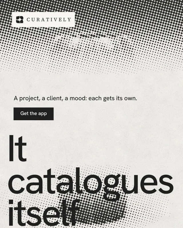 Instagram portrait post for Curatively: "Find it by colour." Swiss style, oversized layout, light palette in white, grey.