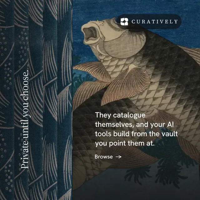 Instagram post for Curatively: "Private until you choose." Minimal luxury style, vertical layout, dark palette in blue, grey, black.