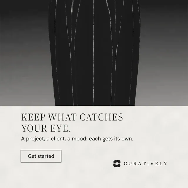 Instagram post for Curatively: "Keep what catches your eye." Editorial style, bottom layout, light palette in black, grey, white.