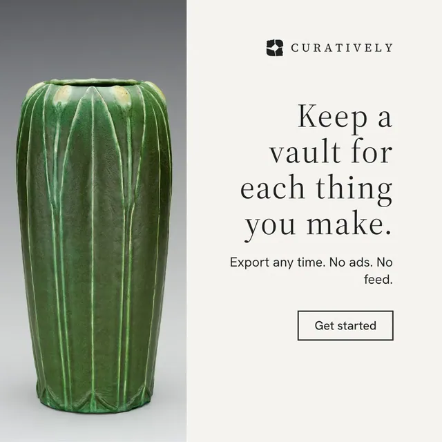 Instagram post for Curatively: "Keep a vault for each thing you make." Editorial style, right layout, light palette in white, grey.