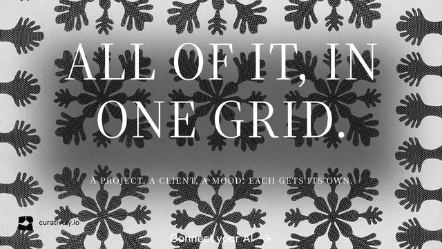 Landscape graphic for Curatively: "All of it, in one grid." Photo poster style, smallcaps layout, light palette in grey, black, white.