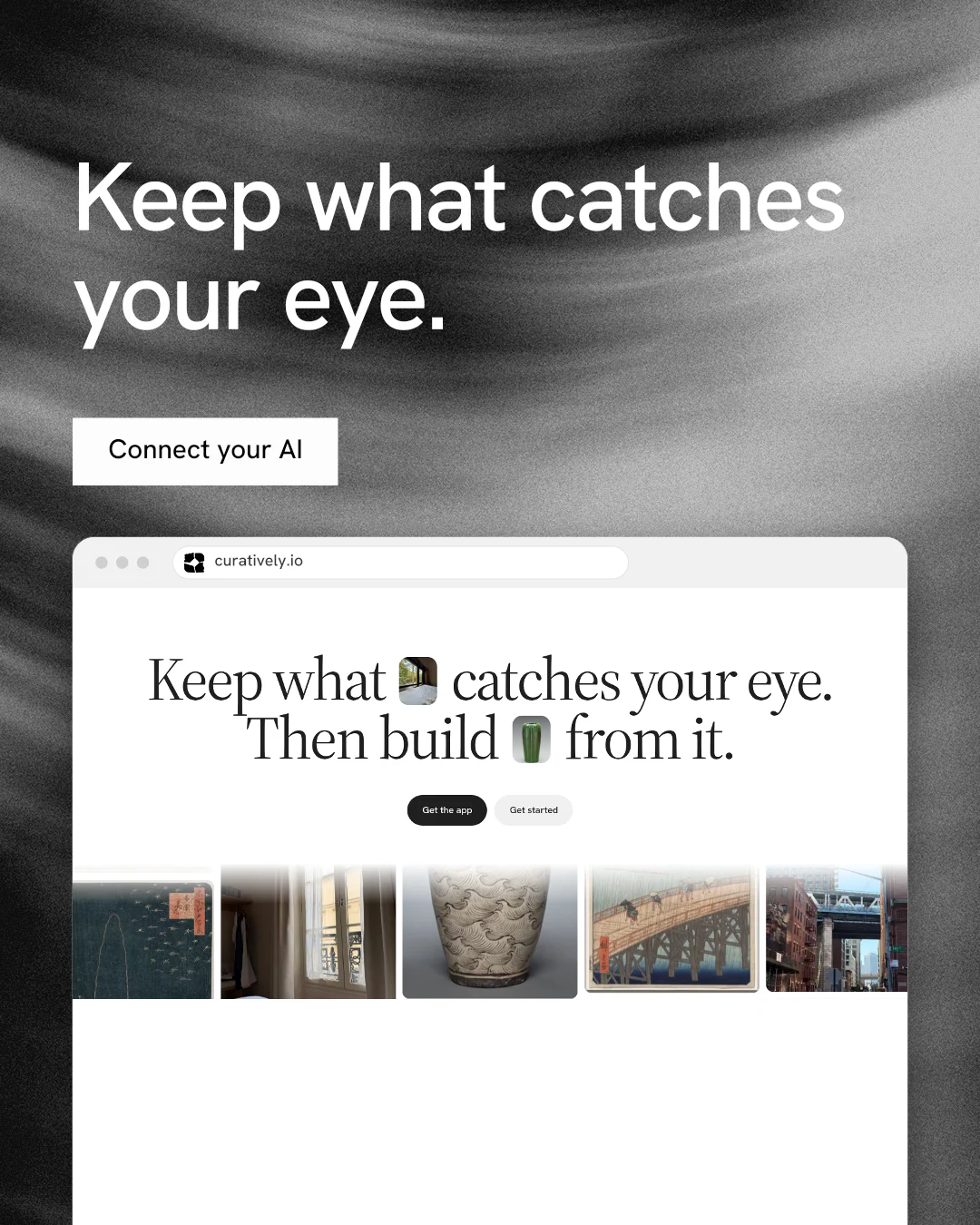Instagram portrait post for Curatively: "Keep what catches your eye." Swiss style, browser layout, light palette in white, black, grey.