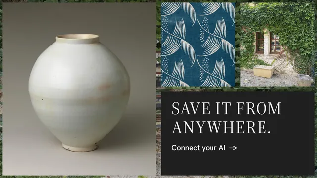 Landscape graphic for Curatively: "Save it from anywhere." Minimal luxury style, collage layout, dark palette in grey, black.
