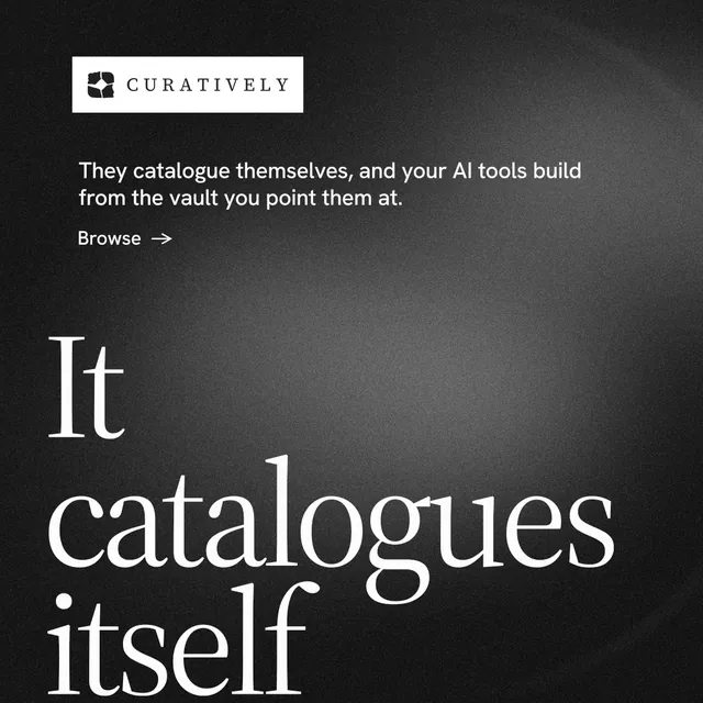 Instagram post for Curatively: "Saved, sorted and yours." Minimal luxury style, oversized layout, dark palette in black, grey.