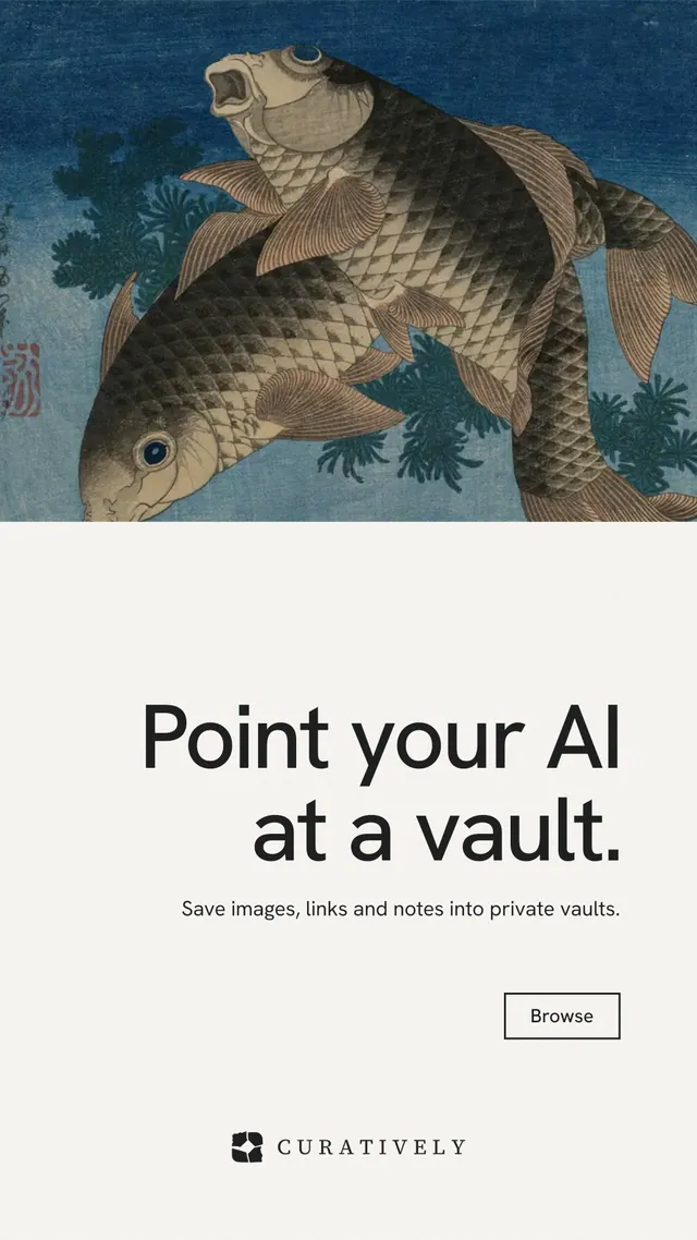 Instagram story for Curatively: "Point your AI at a vault." Editorial style, right layout, light palette in white, blue, grey.