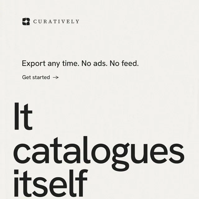 Instagram post for Curatively: "Keep a vault for each thing you make." Minimal luxury style, oversized layout, light palette in white, grey.