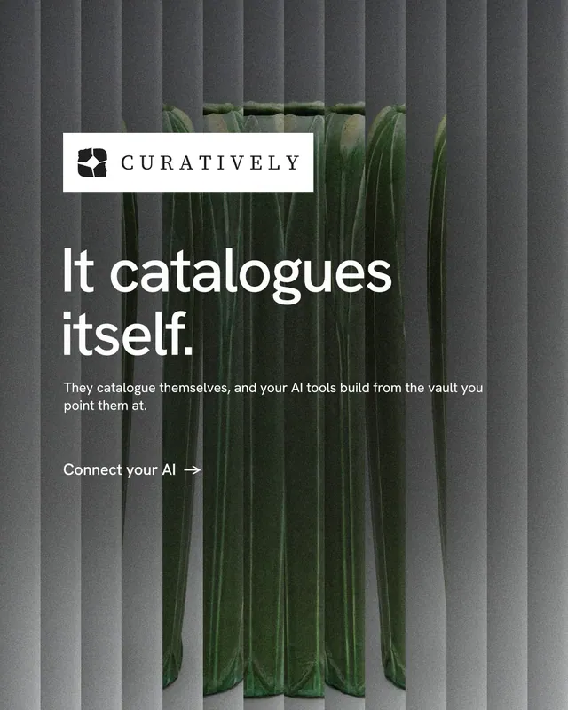 Instagram portrait post for Curatively: "It catalogues itself." Minimal luxury style, announce layout, dark palette in grey, black.