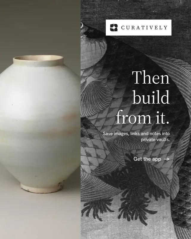 Instagram portrait post for Curatively: "Then build from it." Minimal luxury style, right layout, dark palette in grey, black.