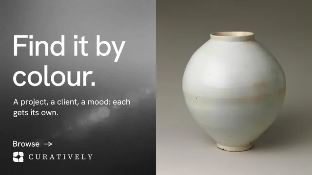 Landscape graphic for Curatively: "Find it by colour." Minimal luxury style, bottom layout, light palette in grey, black.
