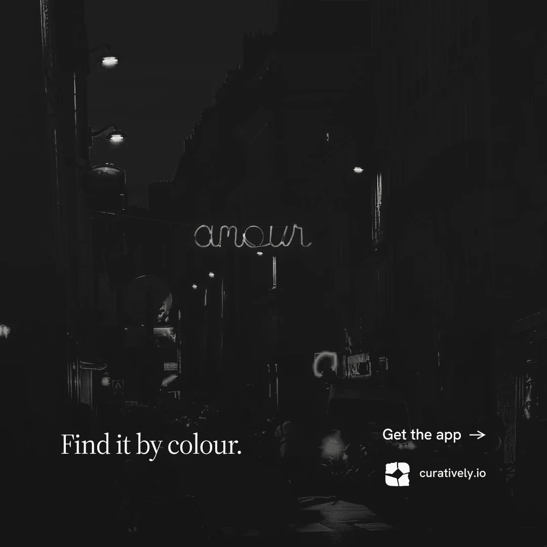 Instagram post for Curatively: "Find it by colour." Editorial style, image led layout, dark palette in black.