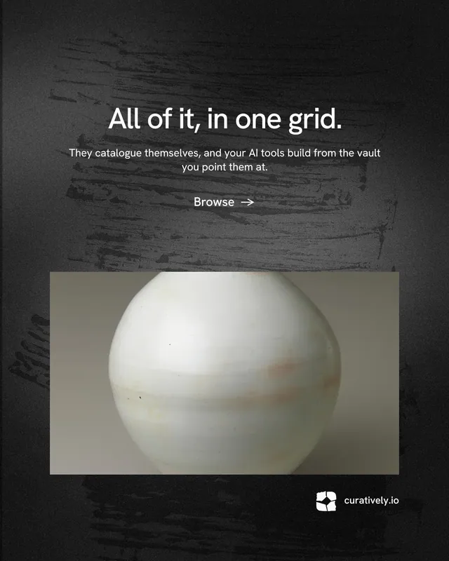Instagram portrait post for Curatively: "All of it, in one grid." Minimal luxury style, centred layout, dark palette in grey, black.