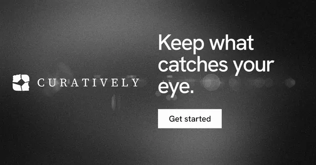 Social ad for Curatively: "Keep what catches your eye." Swiss style, logo hero layout, dark palette in black, grey.