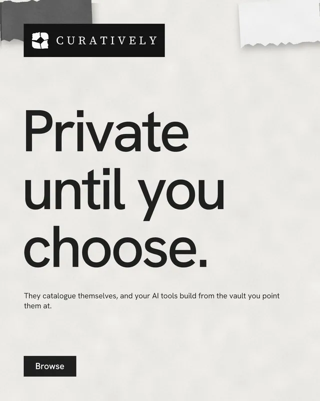 Instagram portrait post for Curatively: "Private until you choose." Swiss style, announce layout, light palette in white, grey.
