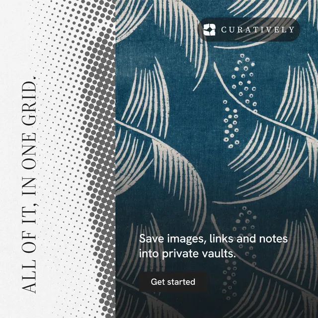 Instagram post for Curatively: "All of it, in one grid." Split block style, vertical layout, light palette in blue, grey, white.