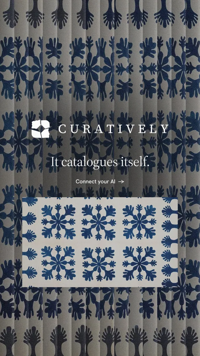 Instagram story for Curatively: "It catalogues itself." Minimal luxury style, logo hero layout, dark palette in grey, blue.