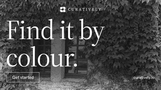 Landscape graphic for Curatively: "Find it by colour." Editorial style, poster layout, dark palette in black, grey.
