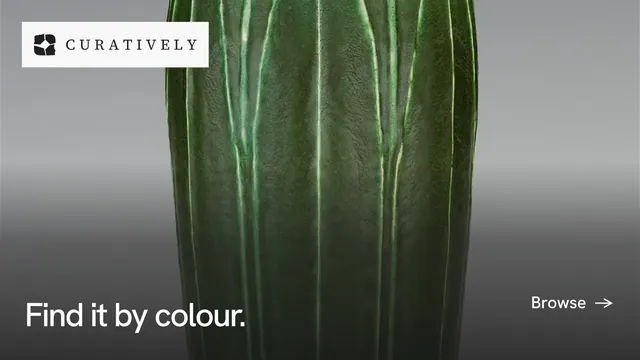 Landscape graphic for Curatively: "Find it by colour." Swiss style, image led layout, dark palette in grey, black.