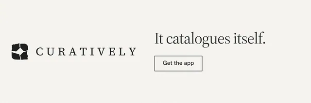 X header for Curatively: "It catalogues itself." Editorial style, logo hero layout, light palette in white.