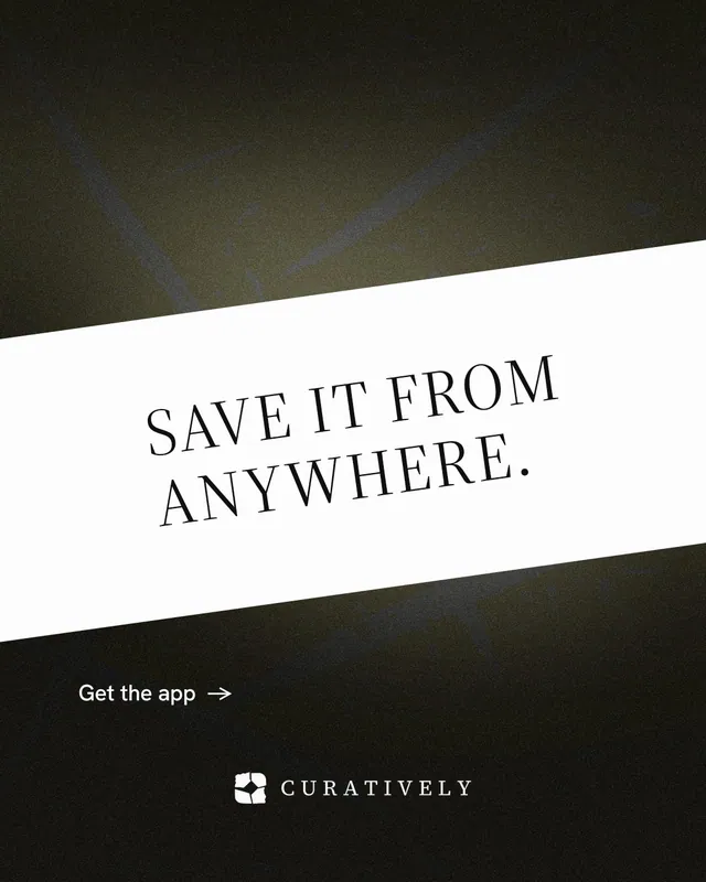 Instagram portrait post for Curatively: "Save it from anywhere." Minimal luxury style, diagonal layout, dark palette in white, black.