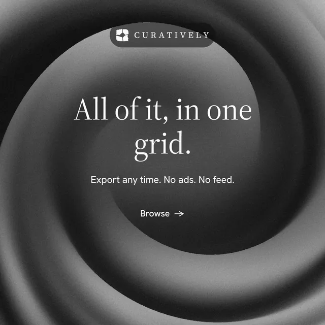 Instagram post for Curatively: "All of it, in one grid." Minimal luxury style, centred layout, dark palette in grey, black.