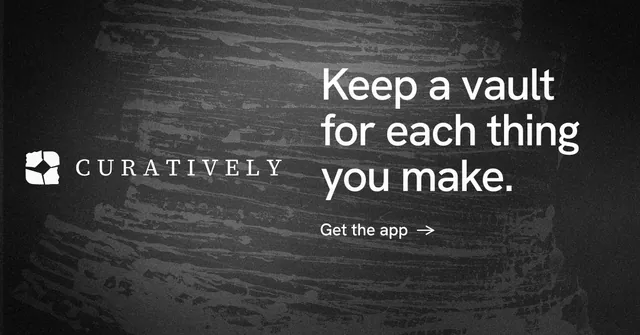 Social ad for Curatively: "Keep a vault for each thing you make." Minimal luxury style, logo hero layout, dark palette in black, grey.