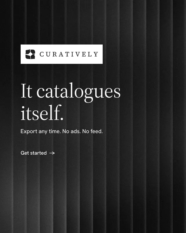 Instagram portrait post for Curatively: "It catalogues itself." Minimal luxury style, announce layout, dark palette in black, grey.
