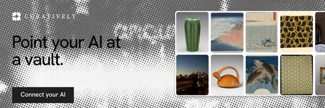 X header for Curatively: "Point your AI at a vault." Swiss style, bottom layout, light palette in grey, white.