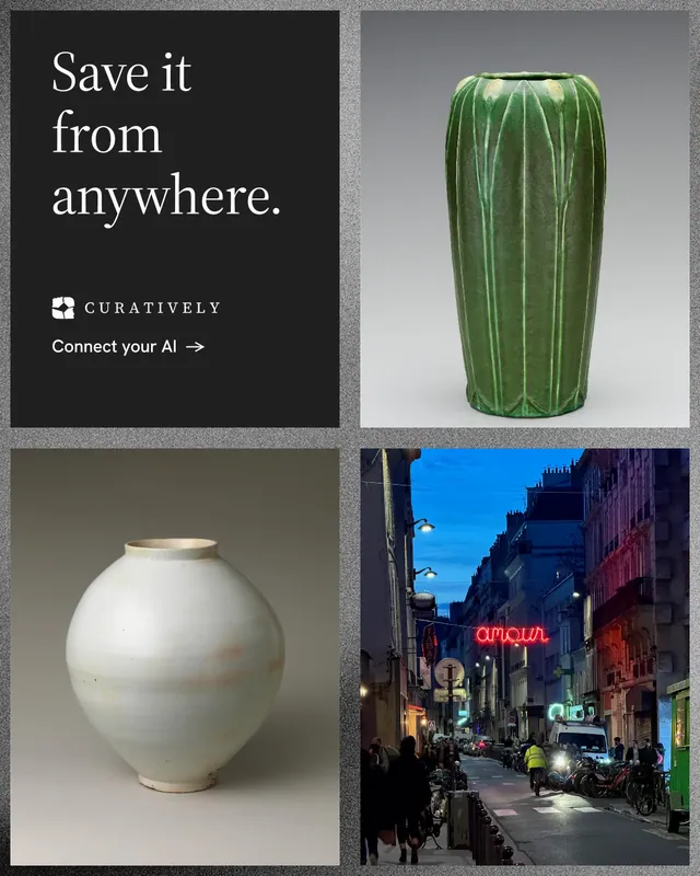 Instagram portrait post for Curatively: "Save it from anywhere." Minimal luxury style, collage layout, dark palette in black, grey.