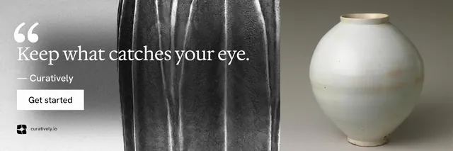 X header for Curatively: "It catalogues itself." Swiss style, quote layout, light palette in grey, black, white.
