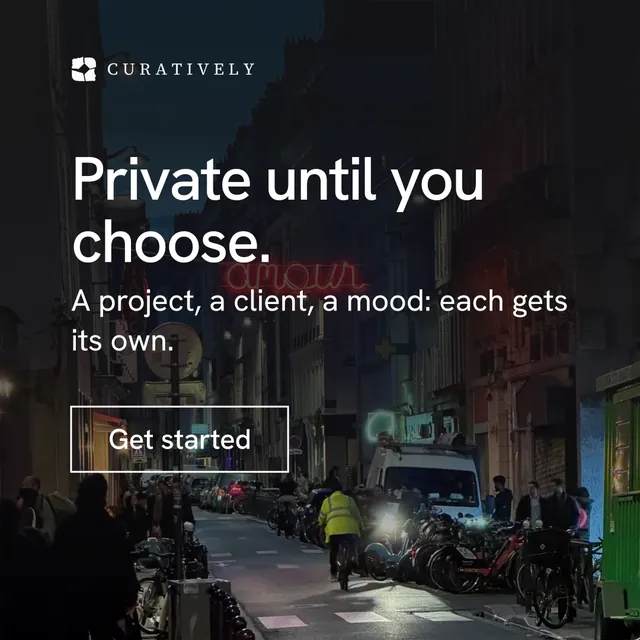 Instagram post for Curatively: "Private until you choose." Editorial style, skeleton layout, dark palette in black, grey.