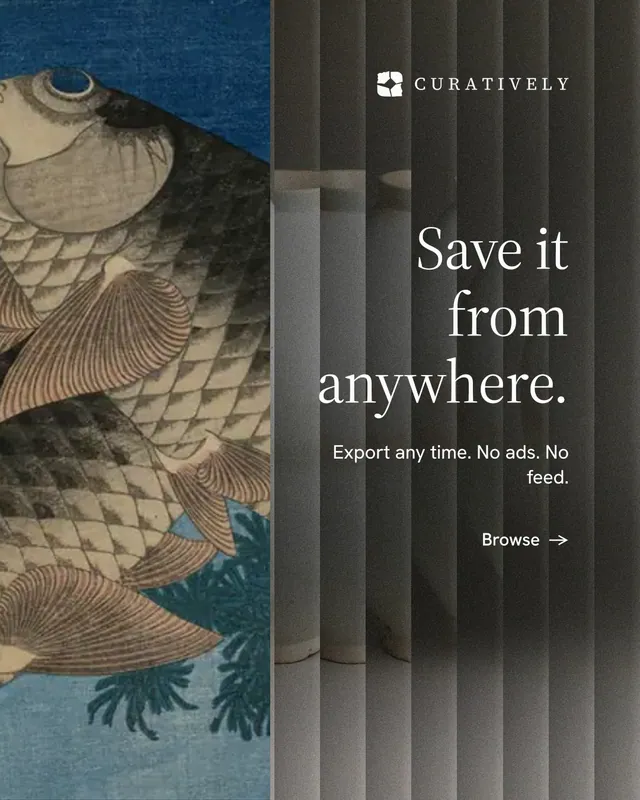Instagram portrait post for Curatively: "Save it from anywhere." Minimal luxury style, right layout, dark palette in black, grey, blue.