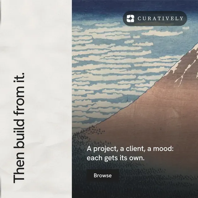 Instagram post for Curatively: "Then build from it." Swiss style, vertical layout, light palette in black, grey, white.
