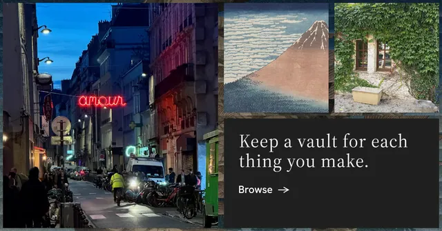 Social ad for Curatively: "Keep a vault for each thing you make." Minimal luxury style, collage layout, dark palette in grey, black.