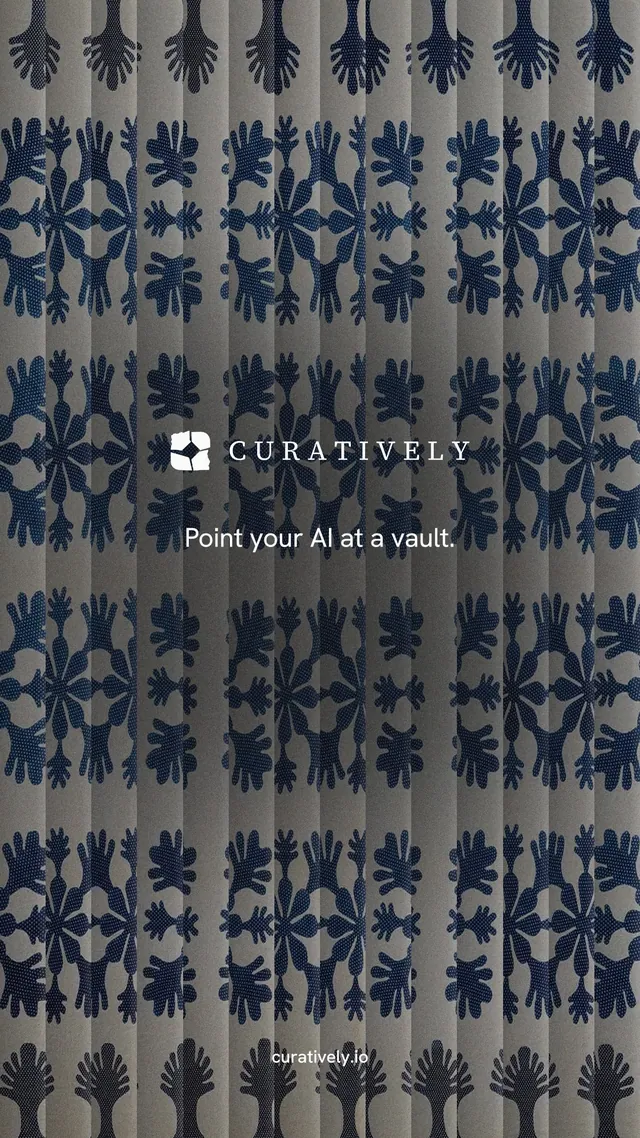 Instagram story for Curatively: "Point your AI at a vault." Minimal luxury style, end card layout, dark palette in grey, blue, black.