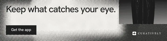 LinkedIn banner for Curatively: "Keep what catches your eye." Swiss style, skeleton layout, light palette in black, grey, white.