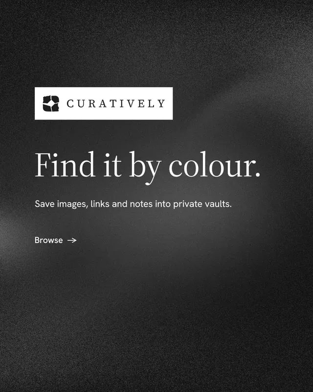 Instagram portrait post for Curatively: "Find it by colour." Minimal luxury style, announce layout, dark palette in black, grey.