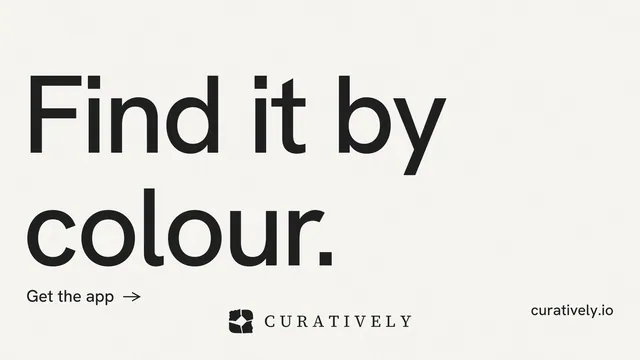 Landscape graphic for Curatively: "Find it by colour." Minimal luxury style, poster layout, light palette in white, grey.