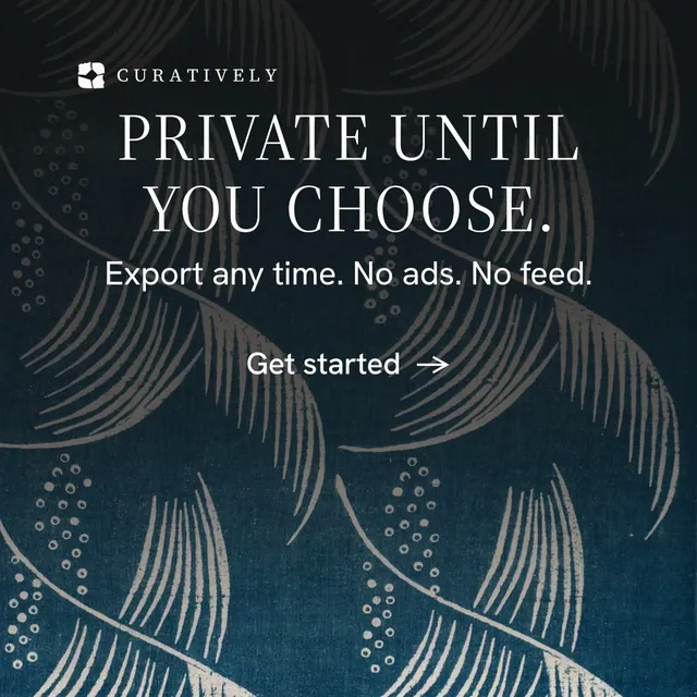 Instagram post for Curatively: "Private until you choose." Minimal luxury style, skeleton layout, dark palette in black, blue, grey.