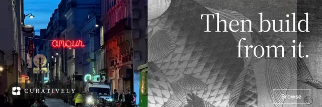 X header for Curatively: "Then build from it." Editorial style, right layout, dark palette in blue, grey.