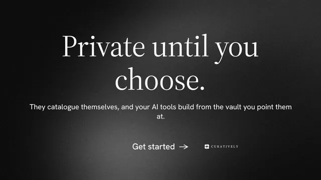 Landscape graphic for Curatively: "Private until you choose." Minimal luxury style, centred layout, dark palette in black, grey.