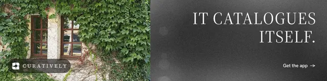 LinkedIn banner for Curatively: "It catalogues itself." Minimal luxury style, right layout, dark palette in black, grey.