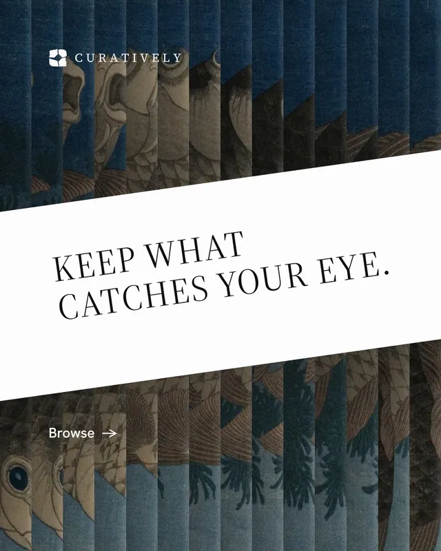 Instagram portrait post for Curatively: "Keep what catches your eye." Minimal luxury style, diagonal layout, light palette in white, black, blue.