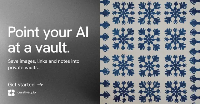 Social ad for Curatively: "Point your AI at a vault." Minimal luxury style, bottom layout, light palette in grey.