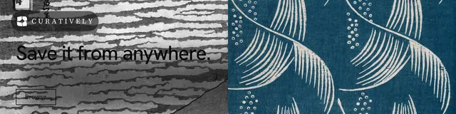 LinkedIn banner for Curatively: "Save it from anywhere." Editorial style, bottom layout, dark palette in blue, grey.