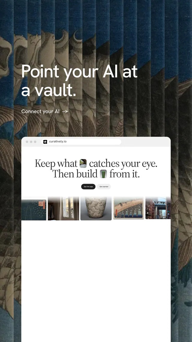 Instagram story for Curatively: "Point your AI at a vault." Minimal luxury style, browser layout, light palette in white, blue, grey.